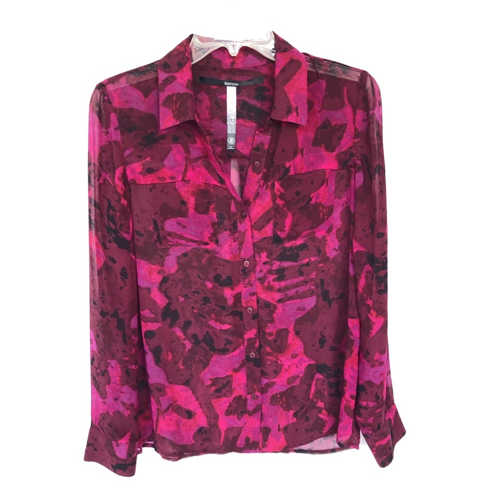 Kensie Pink and Red Watercolor Floral Print Top